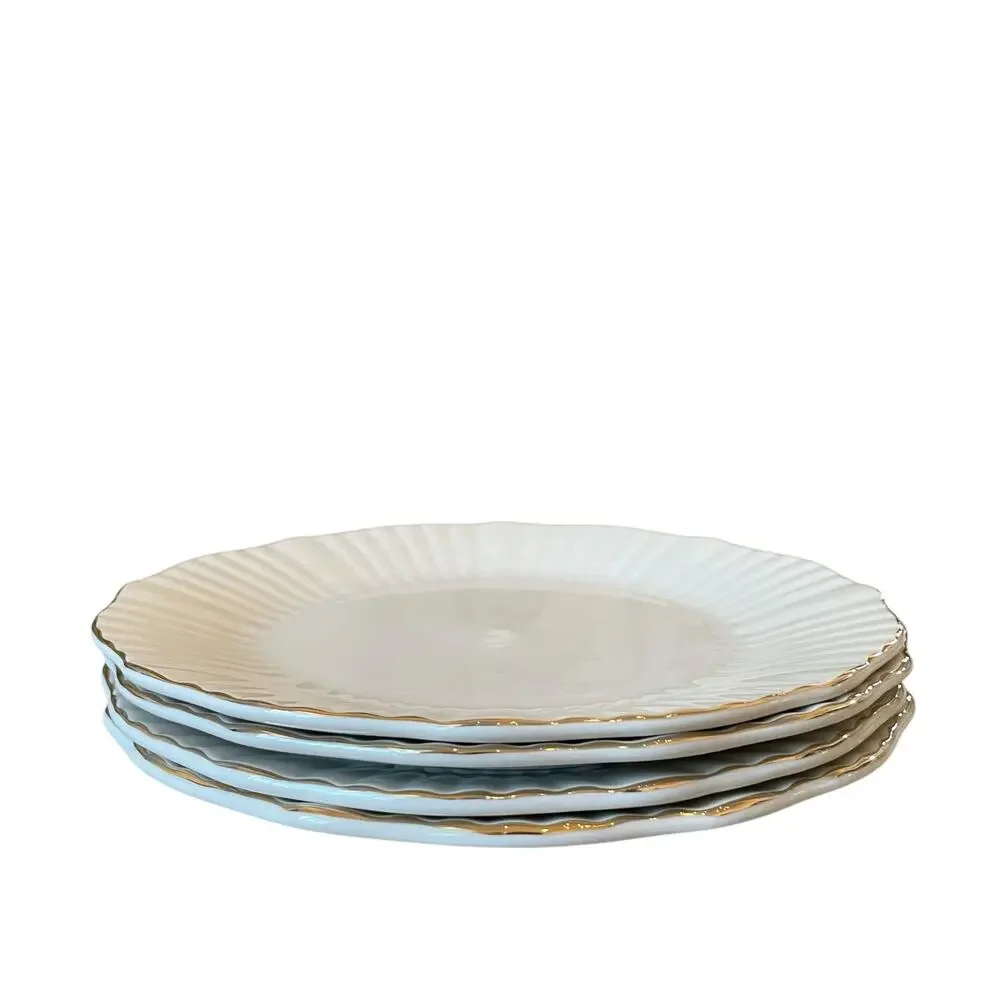 Christian Siriano Porcelain Dinner Plates 10.5in Set of 4 White Gold Trim NEW